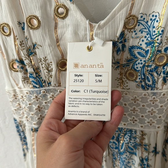 ANANTA S/M Blue Gold Metallic Lace Trim Boho Maxi Dress Made in India 25120 - Picture 4 of 11